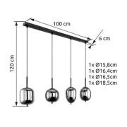 Hängelampe Blacky, schwarz/rauchgrau, Länge 110 cm, 4-flg.