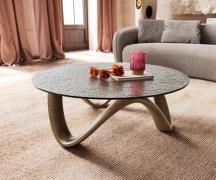 Couchtisch Tanju 90x90 cm Metallic Gold mit Reliefglas Taupe
